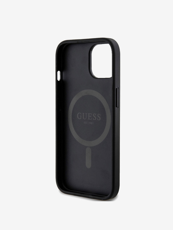 Guess Guess PU bőr 4G színes gyűrűs MagSafe hátlap iPhone 15-hez Fekete