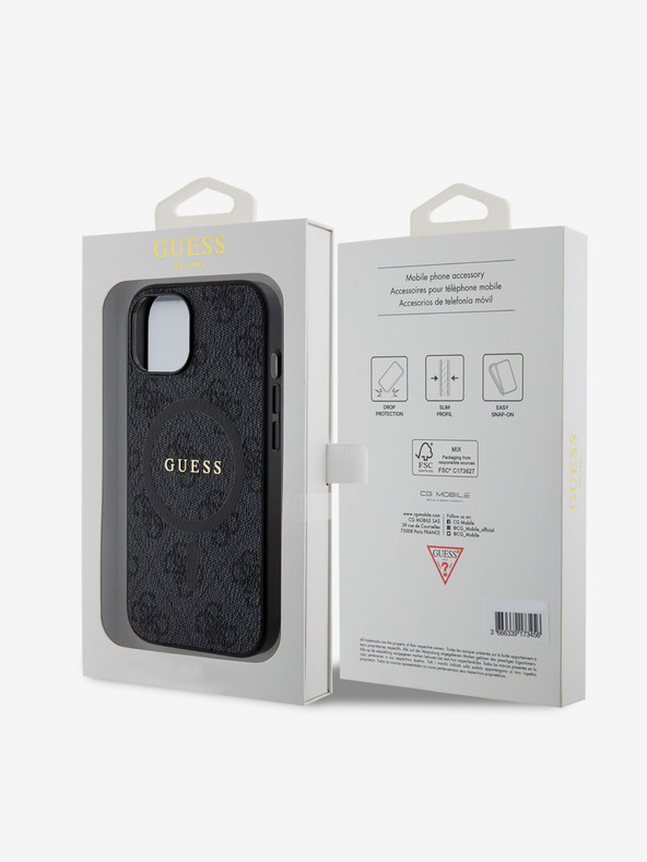 Guess Guess PU bőr 4G színes gyűrűs MagSafe hátlap iPhone 15-hez Fekete