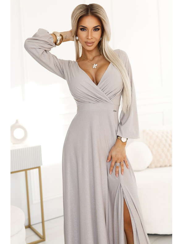 numoco NELA fényes hosszú ruha, hosszú ujjakkal és lábszárrésszel Numoco