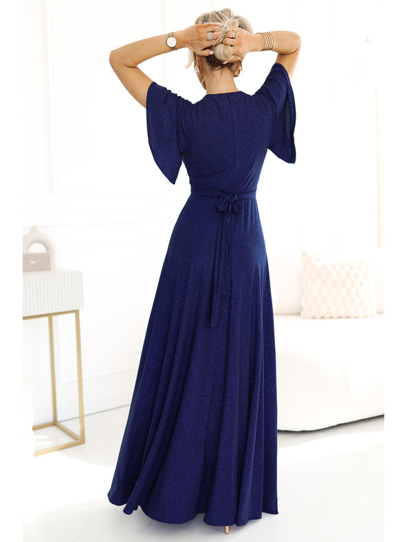 numoco Fényes, hosszú ujjú ruha nyakkivágással - sötétkék, csillogó Numoco