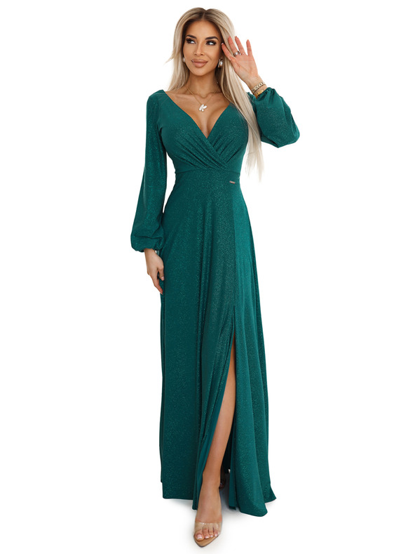 numoco Fényes, hosszú ruha nyakkivágással, hosszú ujjakkal és lábszárrésszel Numoco