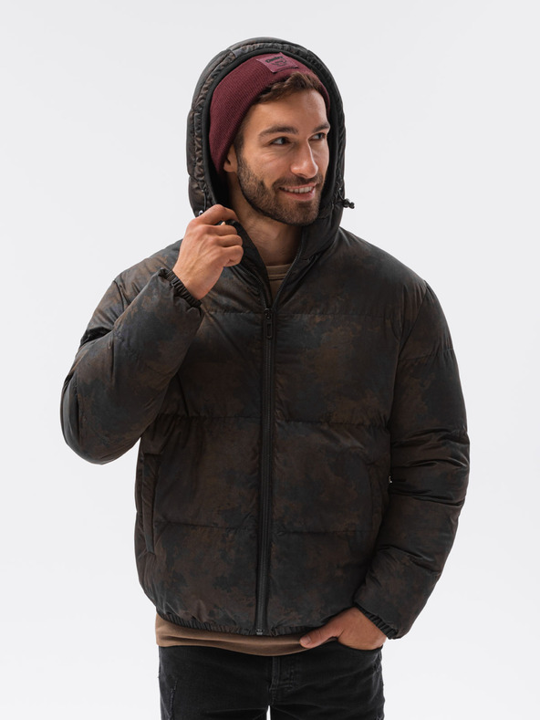 Ombre Clothing Barna és fekete férfi mintás steppelt télikabát C529