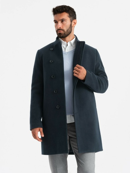 Ombre Clothing Férfi aszimmetrikus gombos kabát magas gallérral sötétkék Ombre ruházat
