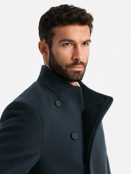 Ombre Clothing Férfi aszimmetrikus gombos kabát magas gallérral sötétkék Ombre ruházat