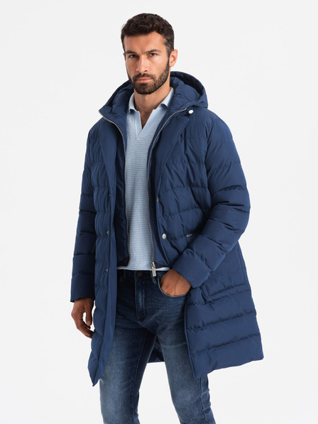 Ombre Clothing Férfi hosszú steppelt kabát hajtókával és béléssel sötétkék Ombre Ruházat