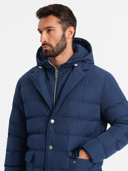 Ombre Clothing Férfi hosszú steppelt kabát hajtókával és béléssel sötétkék Ombre Ruházat