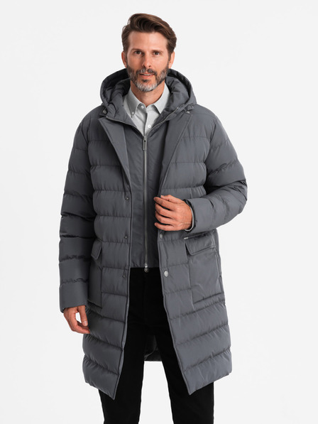 Ombre Clothing Férfi hosszú steppelt kabát hajtókával és béléssel grafit Ombre ruházat Ombre Clothing