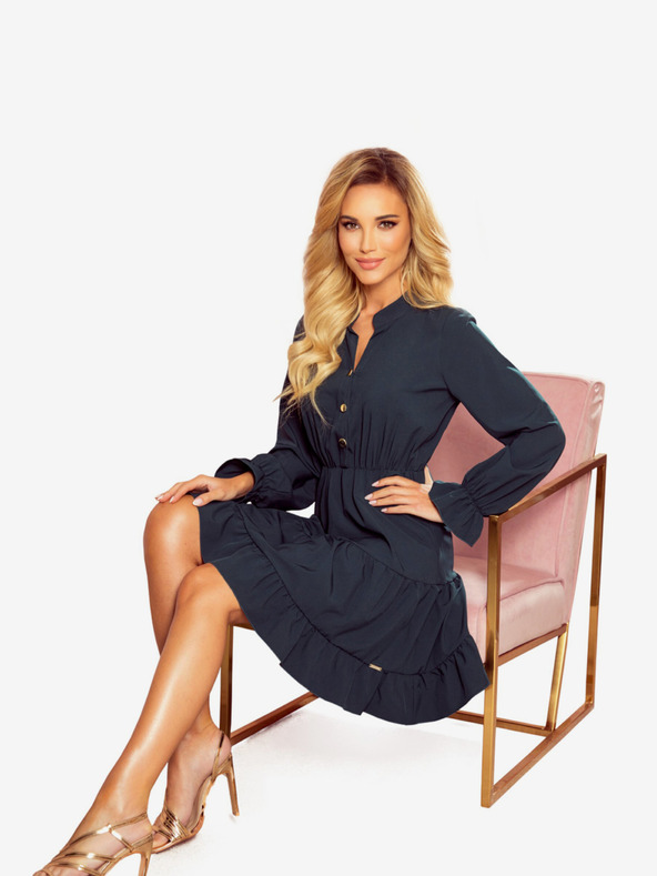 numoco Zöld ruha fodrokkal és arany gombokkal Numoco