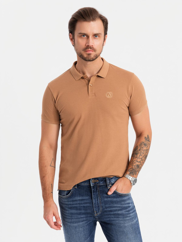 Ombre Clothing Férfi pamut pólóing BASIC - fehér/fehér/világosbarna V6 OM-POBS-0133 Ombre Ruházat