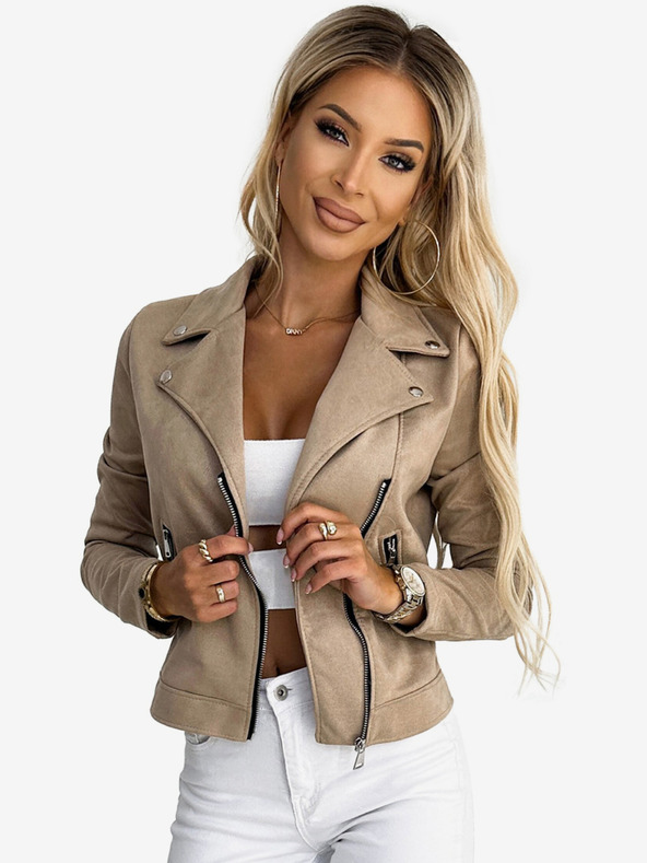 numoco Bézs színű női szarvasbőr kabát hosszú ujjakkal és cipzárral Numoco