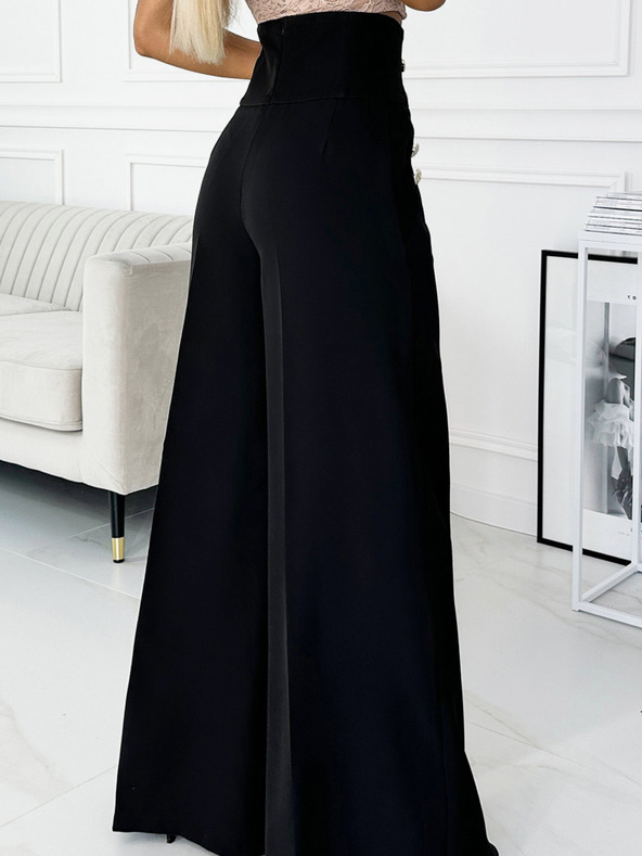 numoco Fekete női elegáns, magas derekú, széles szárú nadrág arany gombokkal Numoco