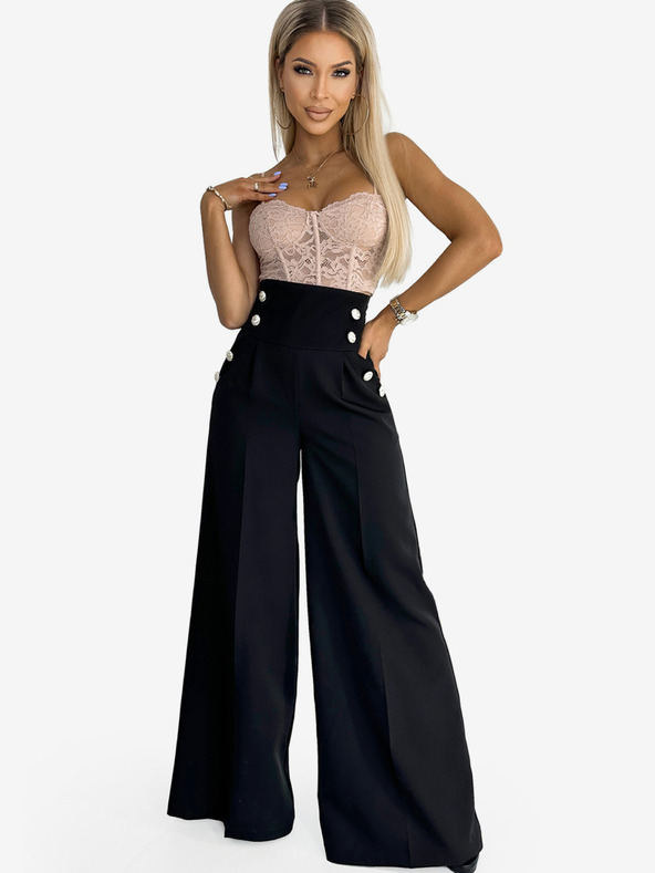 numoco Fekete női elegáns, magas derekú, széles szárú nadrág arany gombokkal Numoco