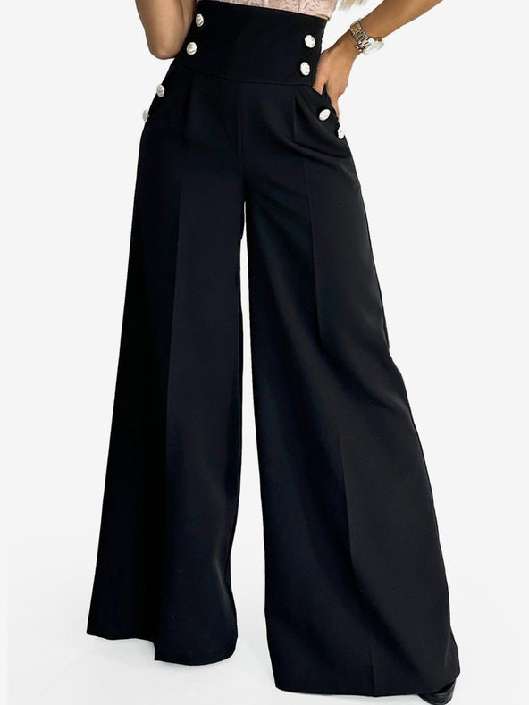 numoco Fekete női elegáns, magas derekú, széles szárú nadrág arany gombokkal Numoco
