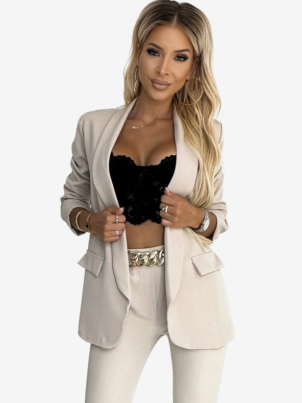 numoco Bézs színű női elegáns kabát és nadrág szett övvel Numoco