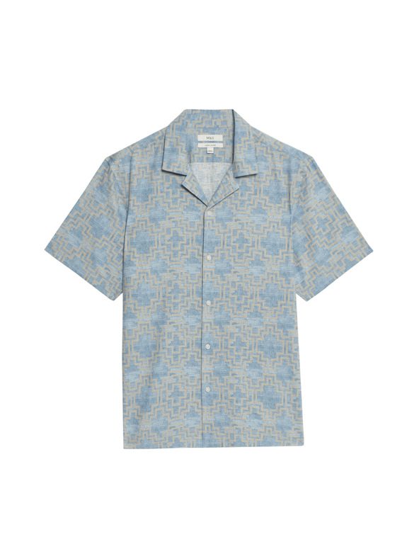 Marks & Spencer Rövid ujjú len keverék ing geometriai mintával Marks & Spencer kék