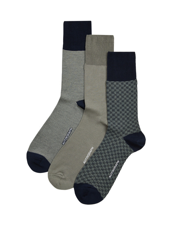 Marks & Spencer 3 páros különböző kivitelű zokni, magas mercerizált pamuttartalommal, Marks & Spencer zöld