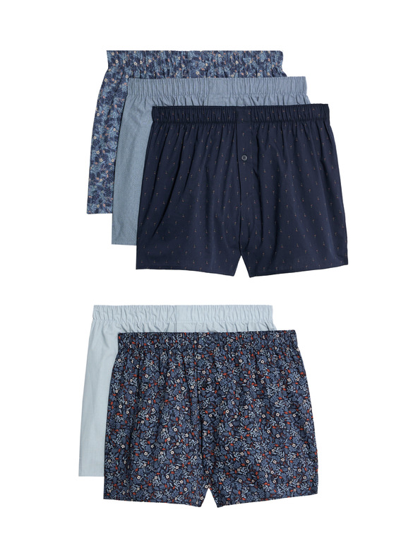 Marks & Spencer 5 db-os virágmintás StayNew™ technológiás 100% pamut boxeralsó Marks & Spencer tengerkék