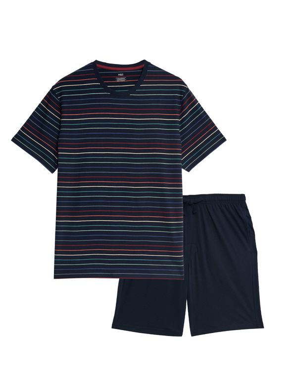 Marks & Spencer Csíkos 100% pamut pizsama szett Marks & Spencer tengerkék