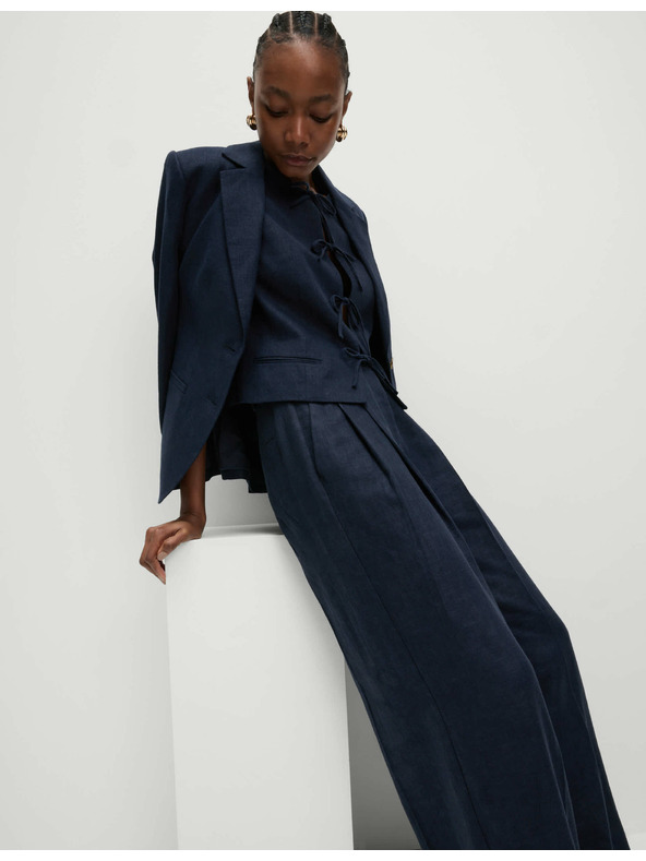 Marks & Spencer Twill nadrág magas len hányaddal és bő szárral Marks & Spencer sötétkék