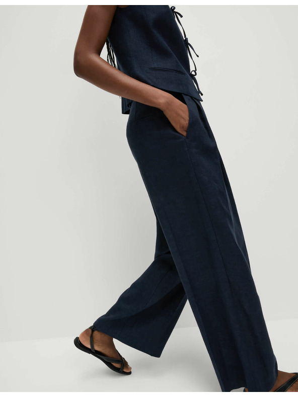 Marks & Spencer Twill nadrág magas len hányaddal és bő szárral Marks & Spencer sötétkék