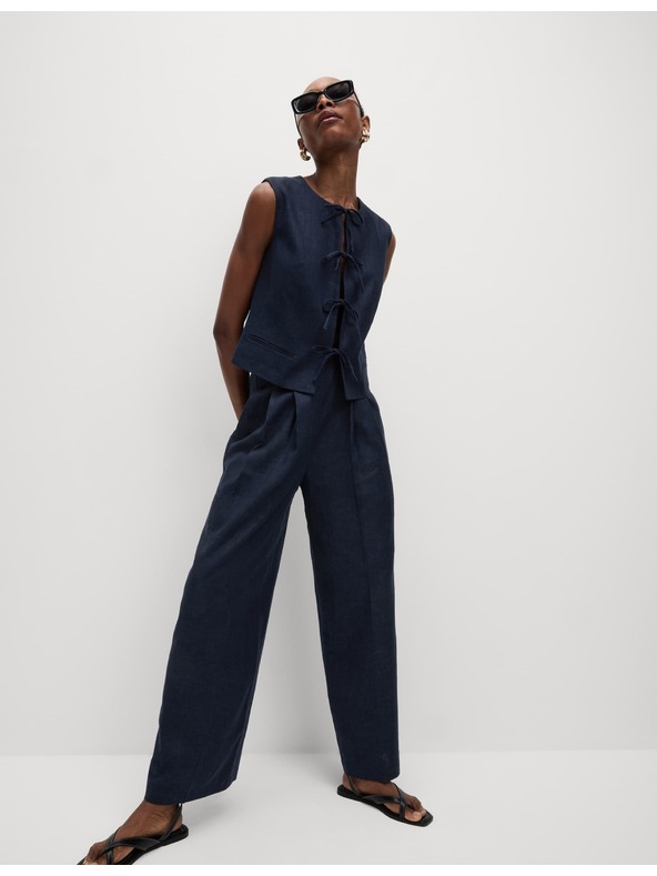 Marks & Spencer Twill nadrág magas len hányaddal és bő szárral Marks & Spencer sötétkék