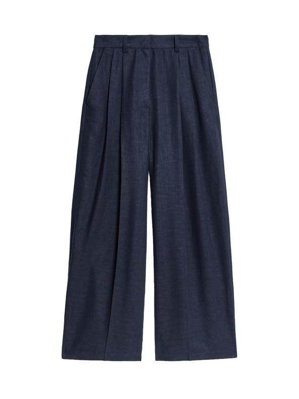 Marks & Spencer Twill nadrág magas len hányaddal és bő szárral Marks & Spencer sötétkék