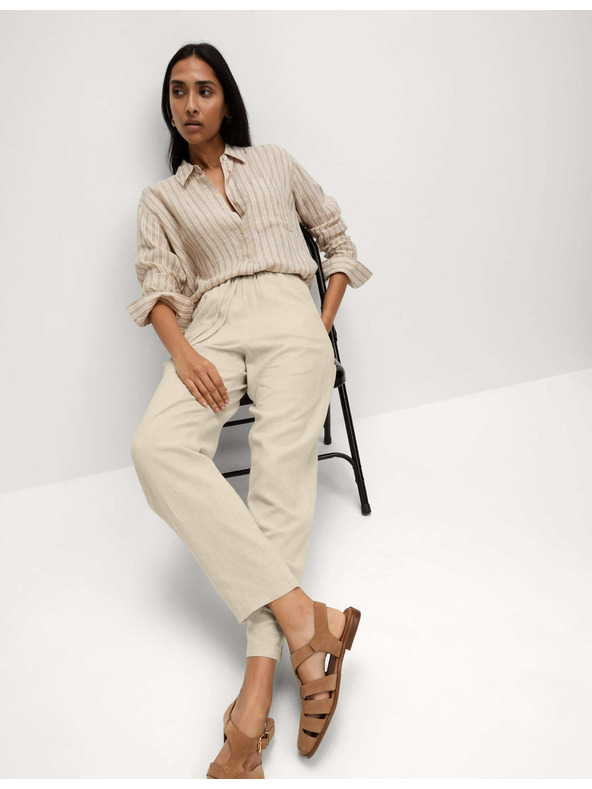 Marks & Spencer Nadrág húzózsinórral, szűkített szárral és magas len hányaddal Marks & Spencer bézs