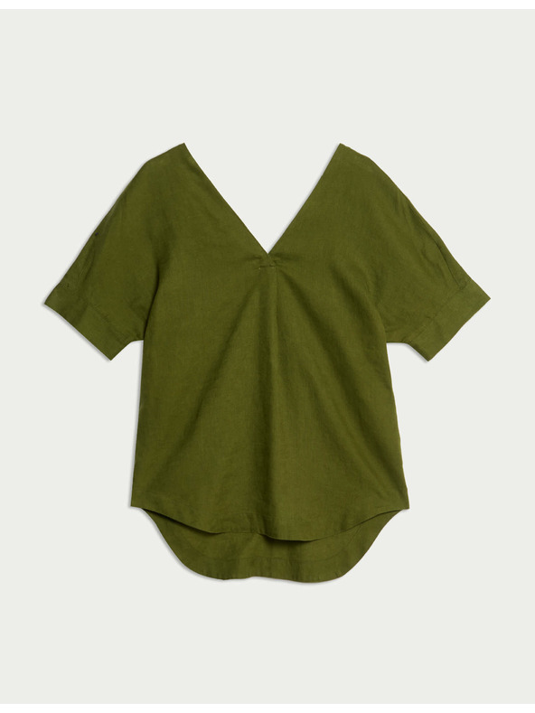 Marks & Spencer Laza V-nyakú 100% len pulóver Marks & Spencer zöld