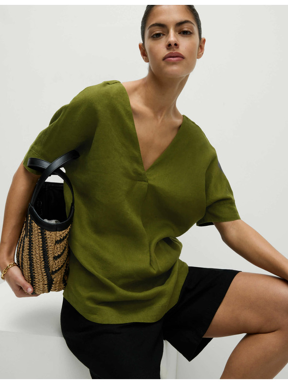 Marks & Spencer Laza V-nyakú 100% len pulóver Marks & Spencer zöld