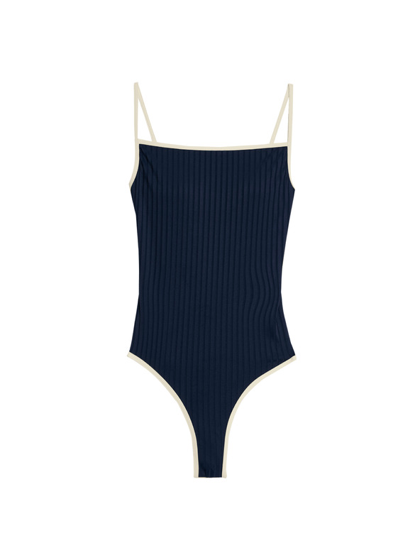 Marks & Spencer Bordázott fürdőruha szögletes nyakkivágással, kontrasztos részletekkel Marks & Spencer tengerészkék