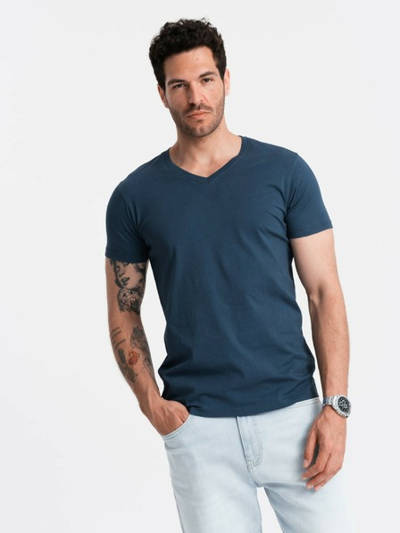 Ombre Clothing Kék férfi pamut póló alapkivágással Ombre Ruházat