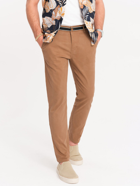 Ombre Clothing Barna férfi chino nadrág dekoratív övvel Ombre Ruházat Ombre Clothing
