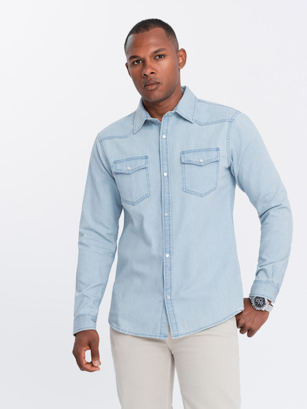 Ombre Clothing Férfi farmer gombos ing zsebekkel világoskék Ombre Ruházat