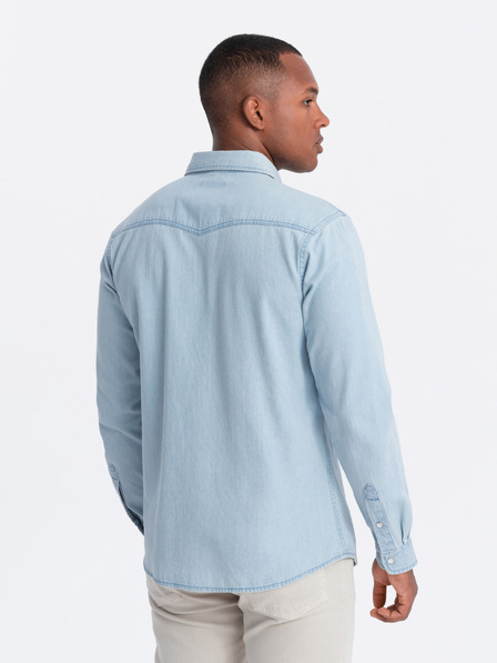 Ombre Clothing Férfi farmer gombos ing zsebekkel világoskék Ombre Ruházat