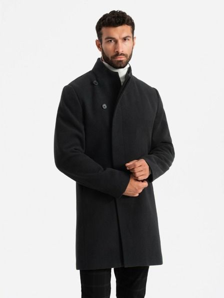 Ombre Clothing Férfi magas galléros kabát aszimmetrikus zárással fekete Ombre Ruházat Ombre Ruházat