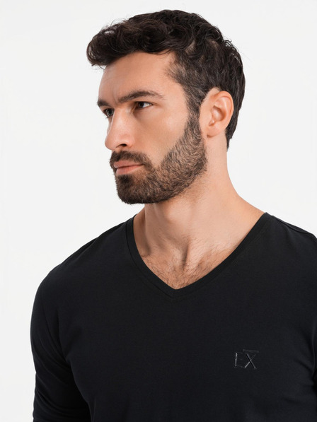 Ombre Clothing Férfi V-nyakú SLIM FIT póló elasztánnal és nyomtatással fekete Ombre Ruházat Ombre Clothing