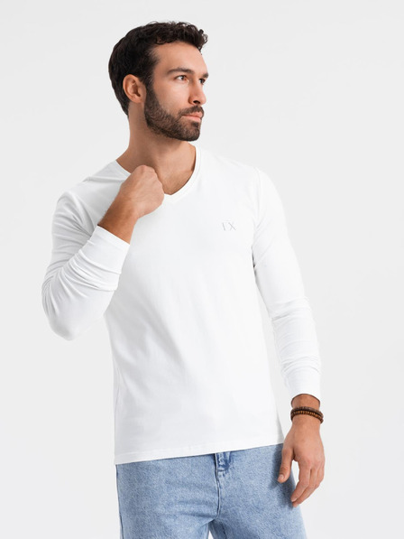 Ombre Clothing Férfi SLIM FIT hosszú ujjú V-nyakú póló elasztánnal és nyomtatással fehér Ombre Ruházat