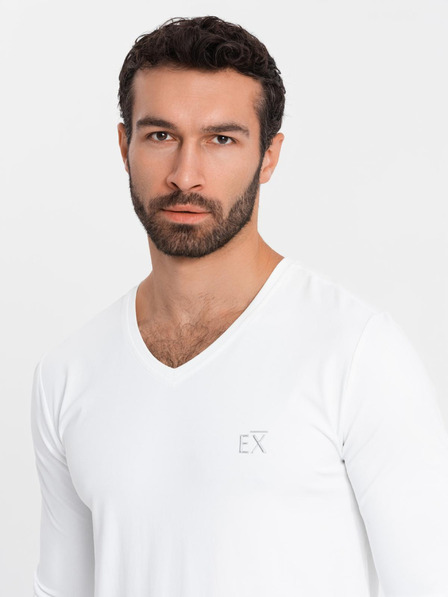Ombre Clothing Férfi SLIM FIT hosszú ujjú V-nyakú póló elasztánnal és nyomtatással fehér Ombre Ruházat