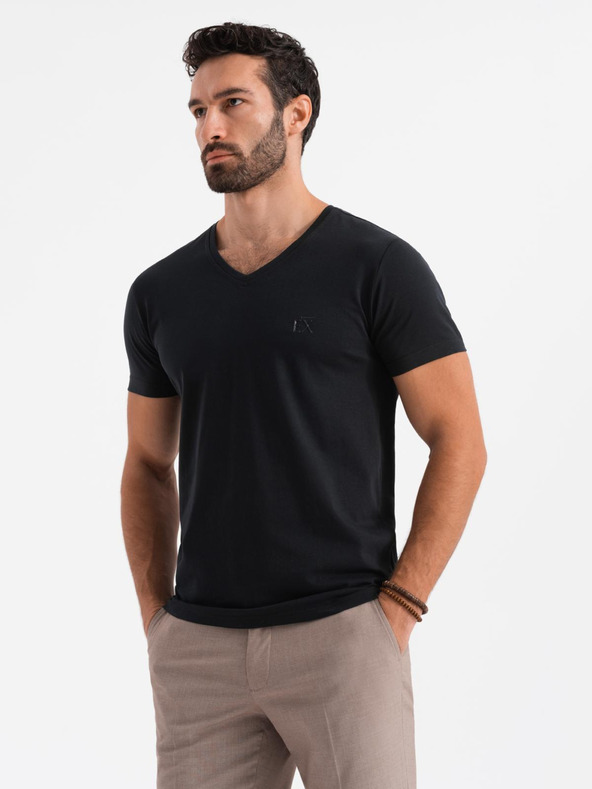 Ombre Clothing Férfi SLIM FIT V-nyakú póló elasztánnal és nyomtatással fekete Ombre ruházat