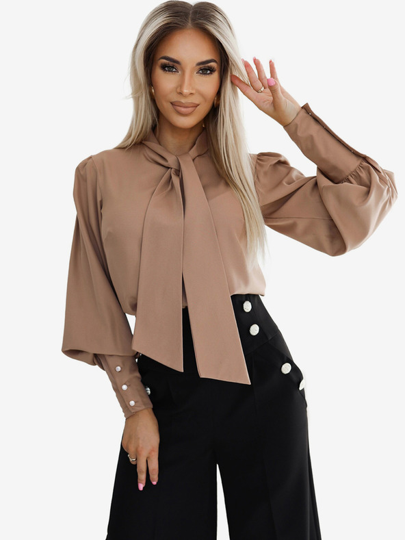 numoco Barna női hosszú ujjú blúz nyakkendővel és gombokkal Numoco