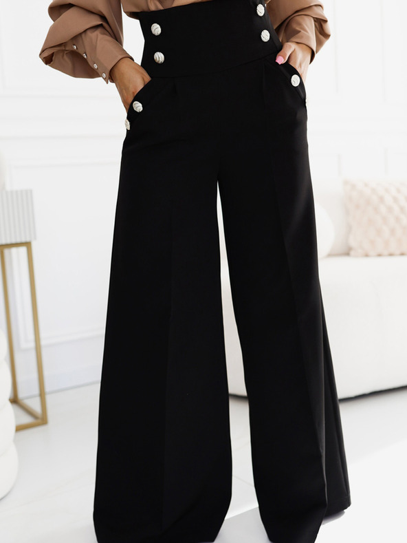 numoco Fekete női elegáns, magas derekú, széles szárú nadrág arany gombokkal Numoco