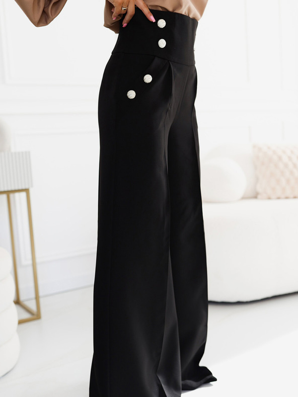 numoco Fekete női elegáns, magas derekú, széles szárú nadrág arany gombokkal Numoco