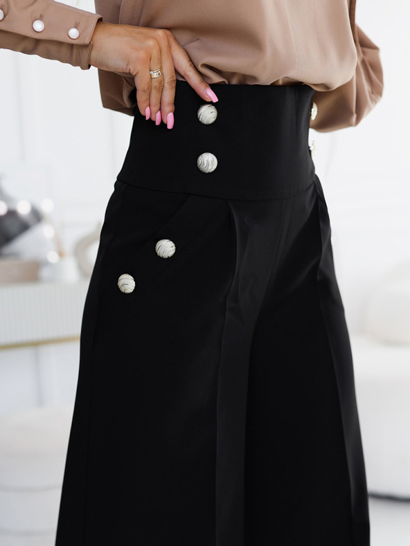numoco Fekete női elegáns, magas derekú, széles szárú nadrág arany gombokkal Numoco