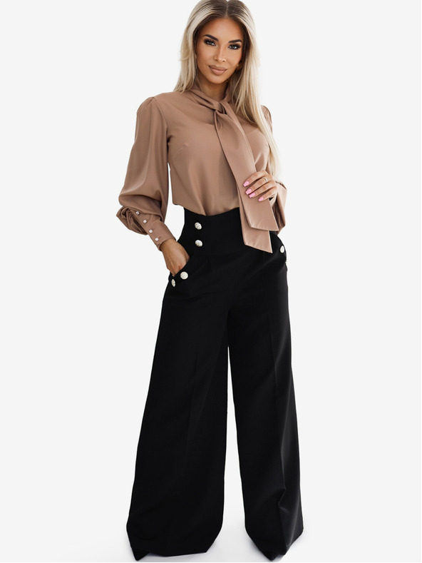 numoco Fekete női elegáns, magas derekú, széles szárú nadrág arany gombokkal Numoco