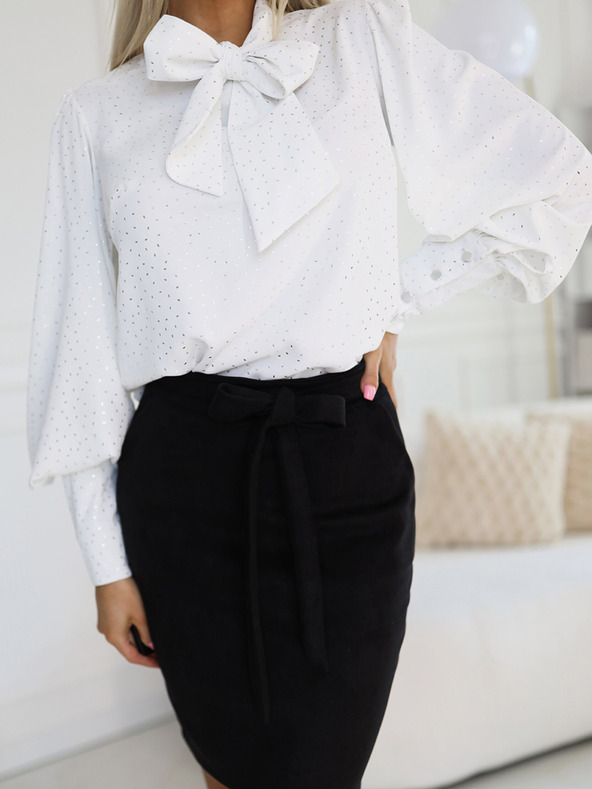 numoco Fehér mintás hosszú ujjú blúz nyakkendővel és gombokkal Numoco