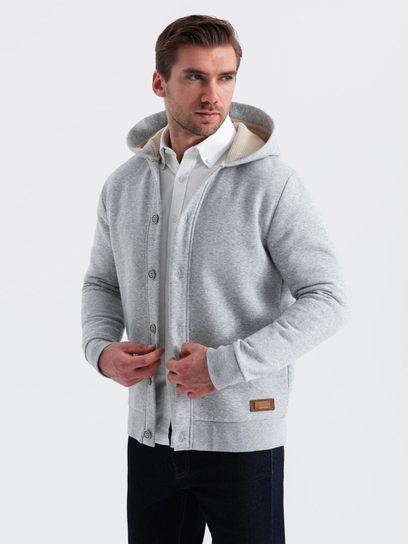 Ombre Clothing Férfi kapucnis, gombos pulóver - szürke melange V2 OM-SSZP-0186 Ombre Clothing Ombre Clothing