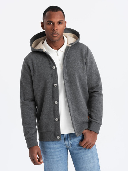 Ombre Clothing Férfi kapucnis pulóver gombokkal - grafit melange V4 OM-SSZP-0186 Ombre Ruházat Ombre