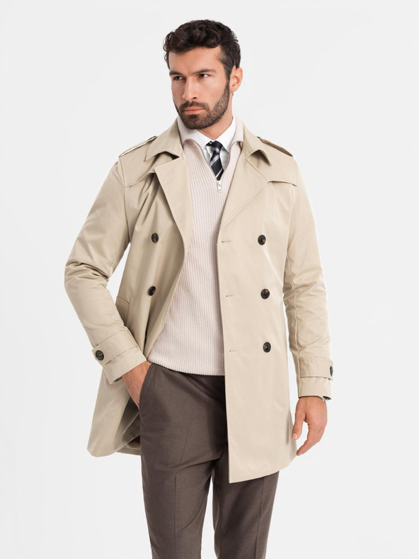 Ombre Clothing Elegáns férfi SLIM FIT kabát övvel bézs Ombre Ruházat Ombre Clothing