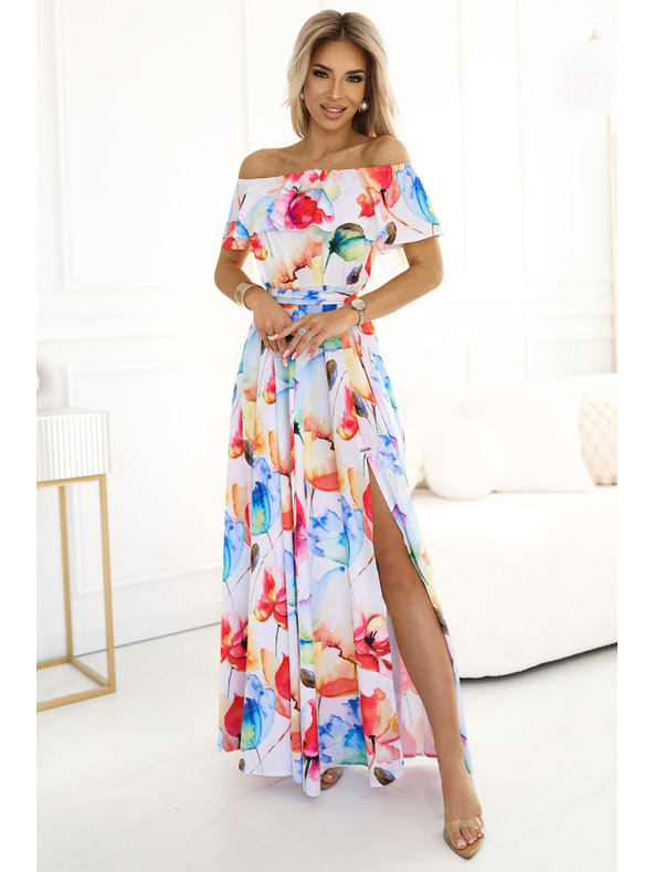 numoco Hosszú nyári ruha övvel - színes virágmintás Numoco