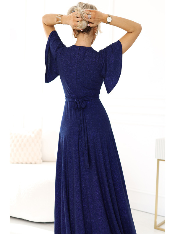 numoco Fényes, hosszú ujjú ruha nyakkivágással - sötétkék, csillogó Numoco